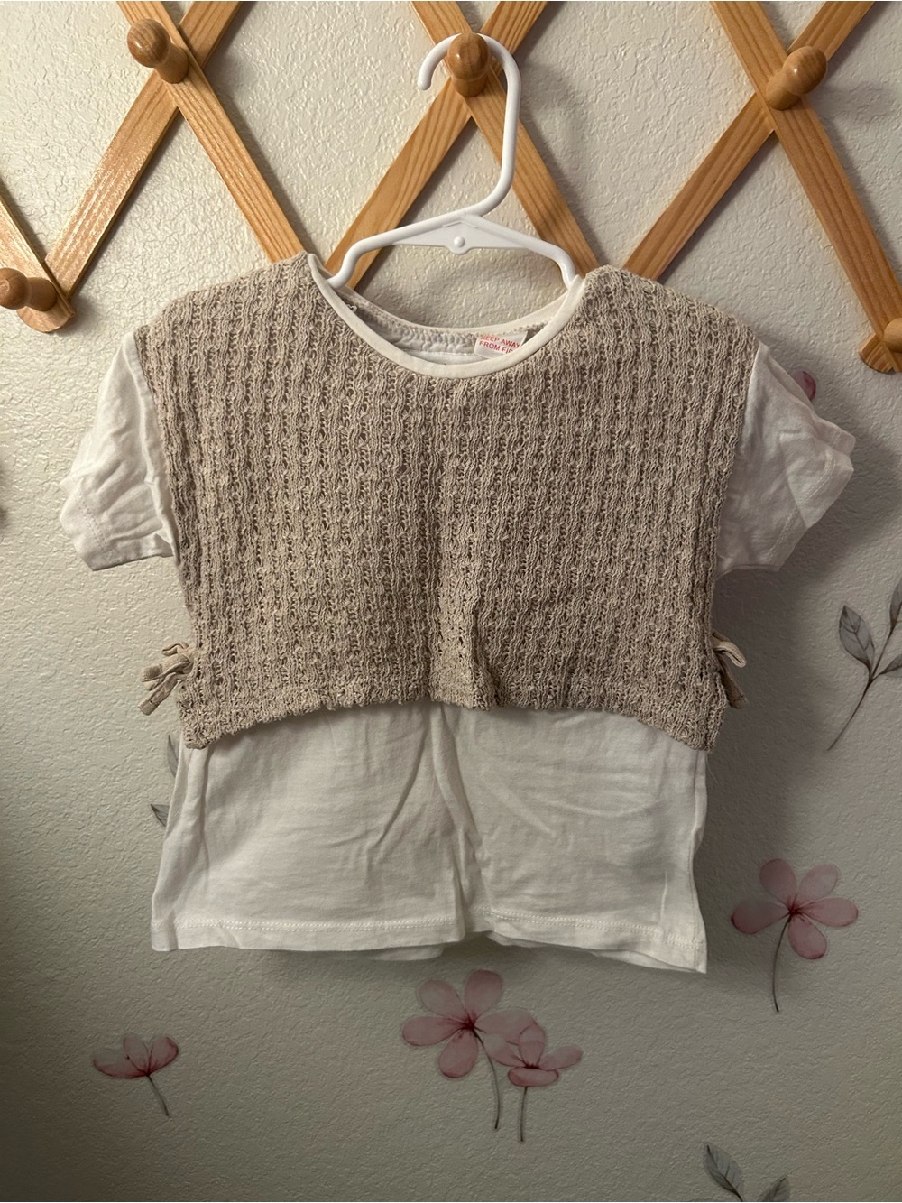 Zara White Tee with Beige Knit Overlay - Short Sleeve Girls